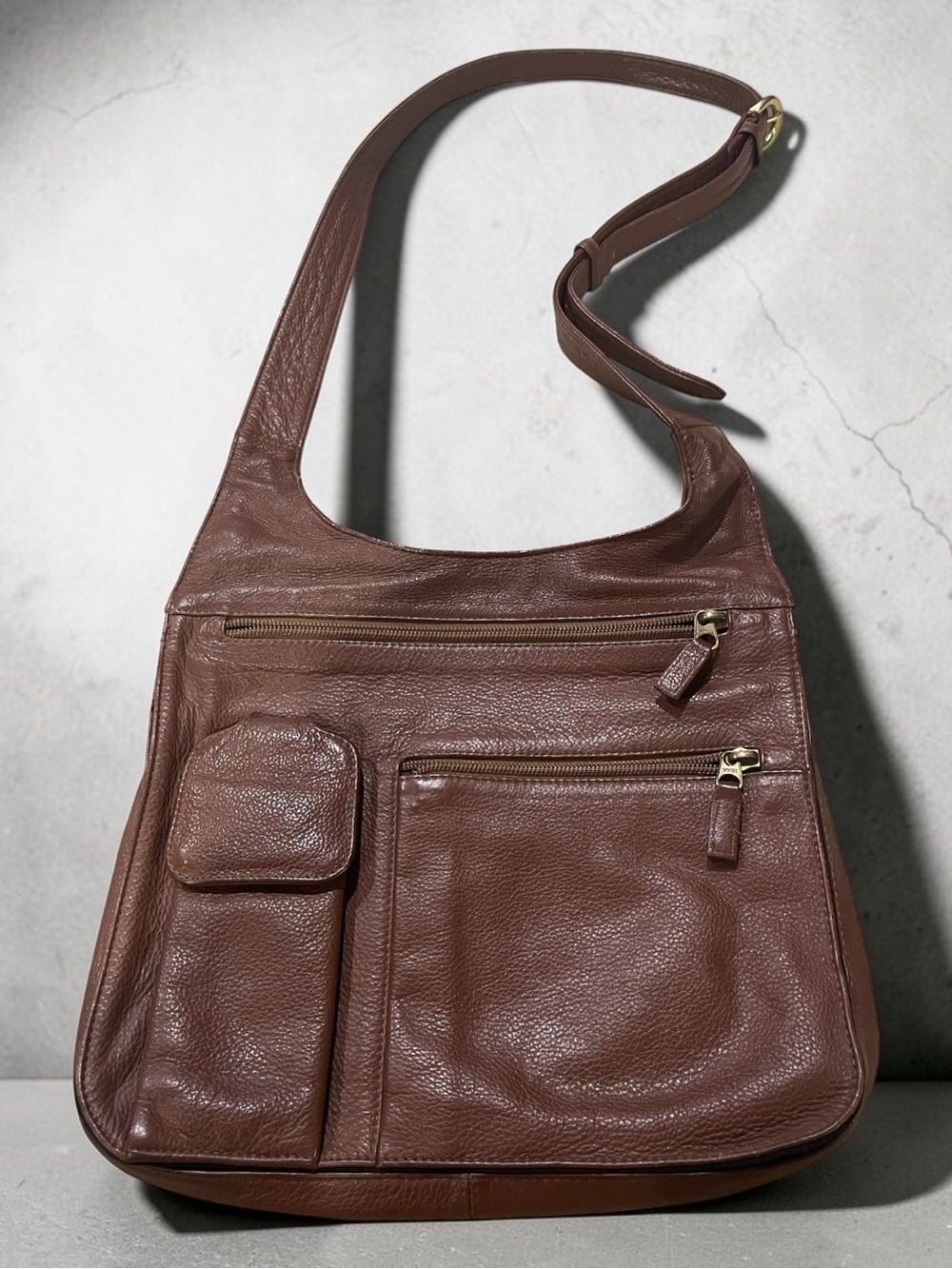 JP Ourse & Cie Chestnut Brown Leather Crossbody with Front Pockets